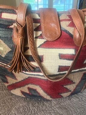Leather Trim Turkish Rug Styled Bohemian Large Bag Woven Wool